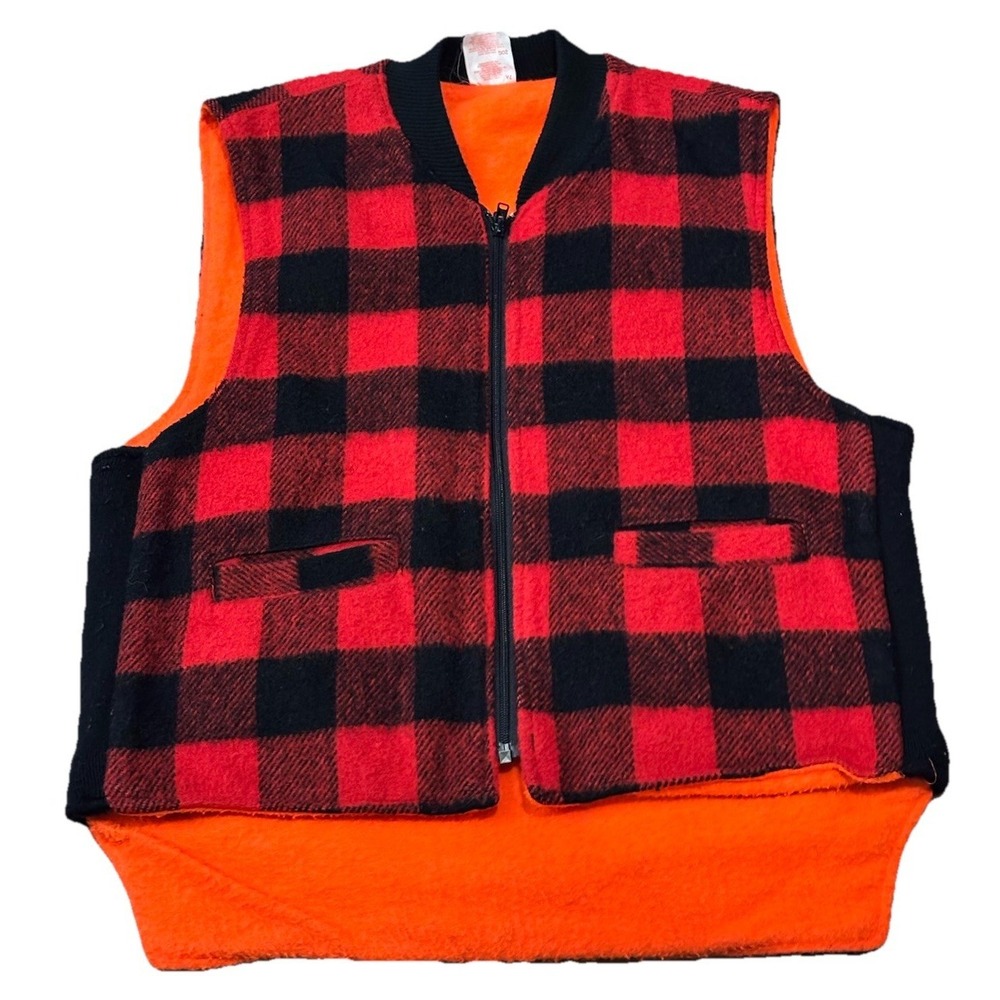 Vtg Codet Mens L Reversible Buffalo Plaid Orange Wool Blend Hunting‎ Vest
